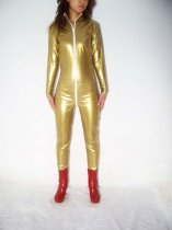 Golden Shiny Metallic Catsuit With Front Zipper
