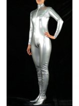 Silver Shiny Metallic Catsuit Zentai With Front Zipper