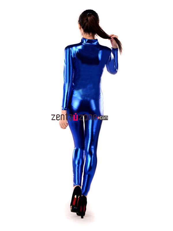 Sexy Blue Shiny Metallic Catsuit Zentai With Front Zipper