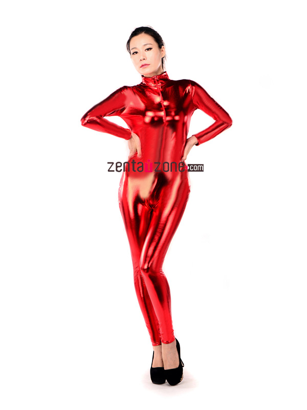Red Metallic Shiny Front Zipper Catsuit
