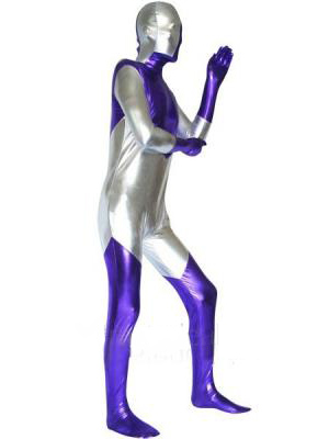 Silver And Purple Spandex Shiny Metallic Zentai Suit