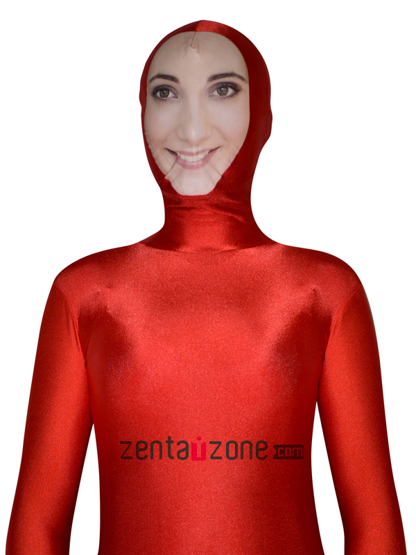 Face Zentai Red Lycra Spandex Full Bodysuit With Girl Smile Face