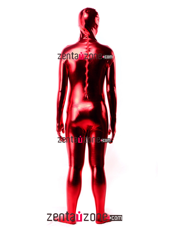 Red Shiny Metallic Zentai Suit With Open Face