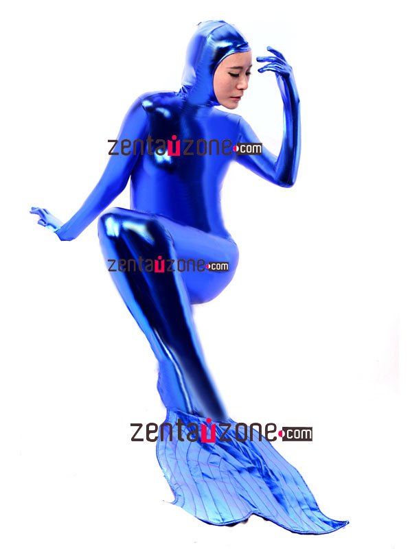 Blue Shiny Metallic Mermaid Zentai Body Suit With Open Face