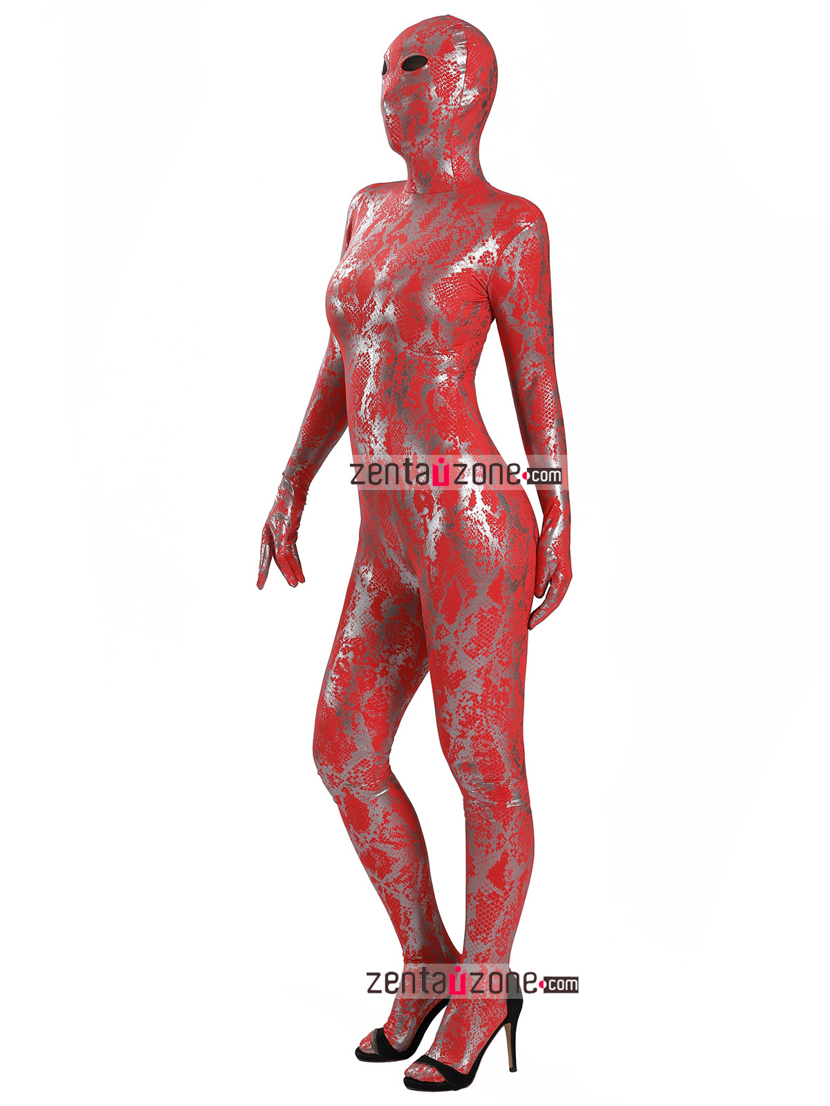 Nylon Red Shiny Metallic Lycra Zentai With Black Mesh Eyes