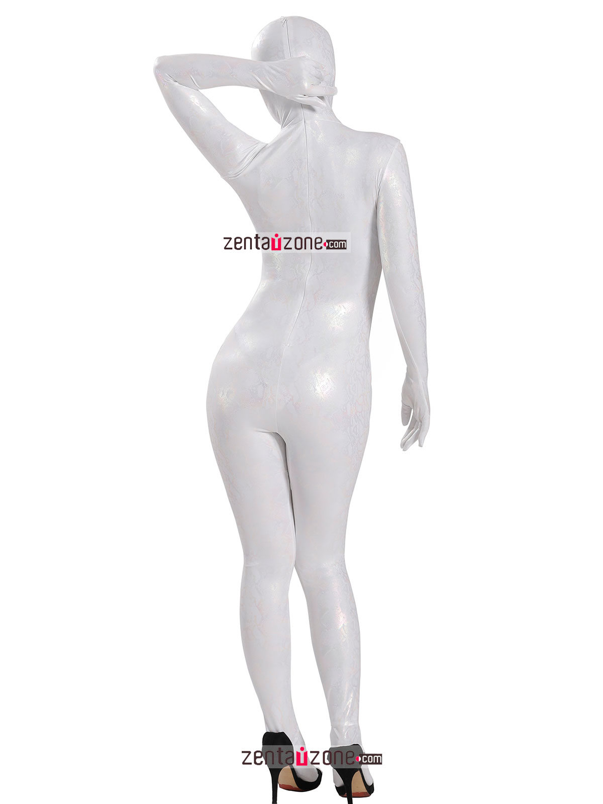 Nylon Shiny Metallic Pattern White Lycra Zentai Suit