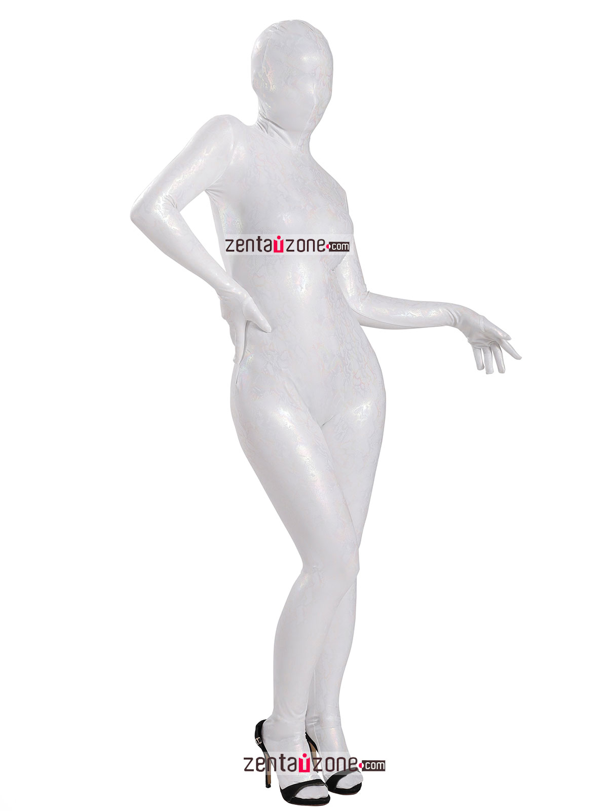 Nylon Shiny Metallic Pattern White Lycra Zentai Suit