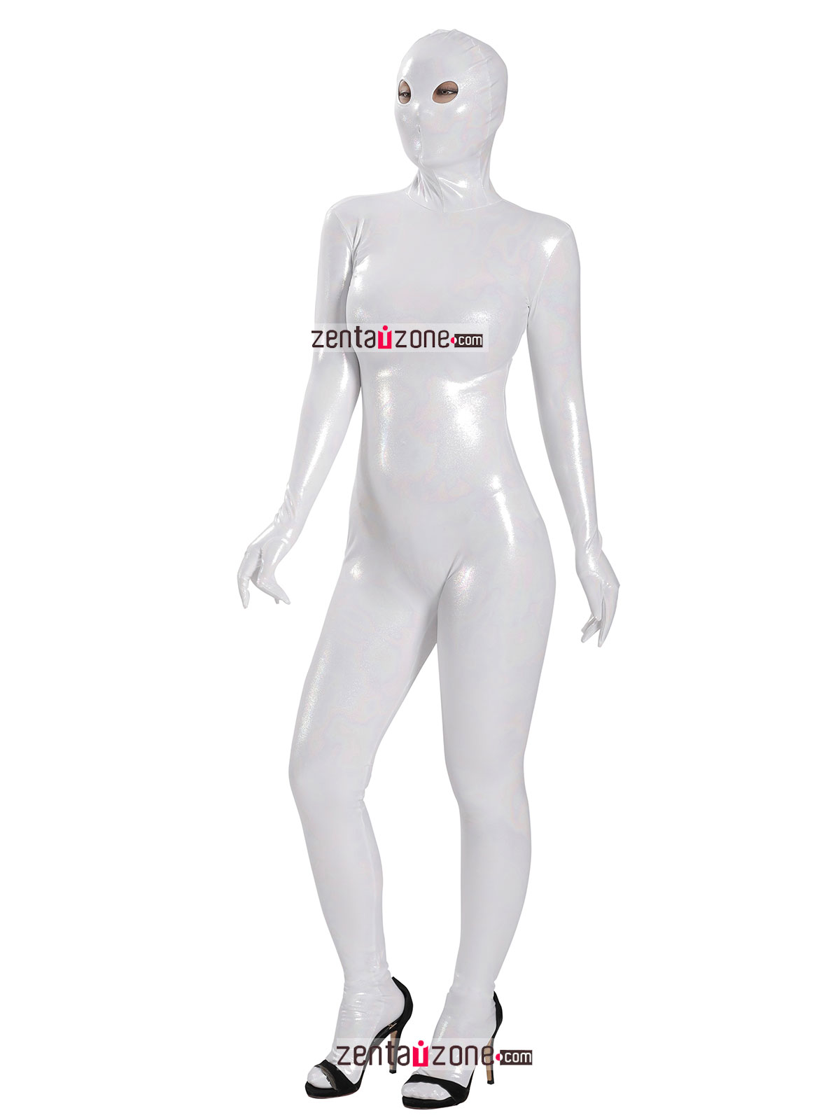 Nylon White Shiny Metallic Lycra Zentai Suit With Eyes Open