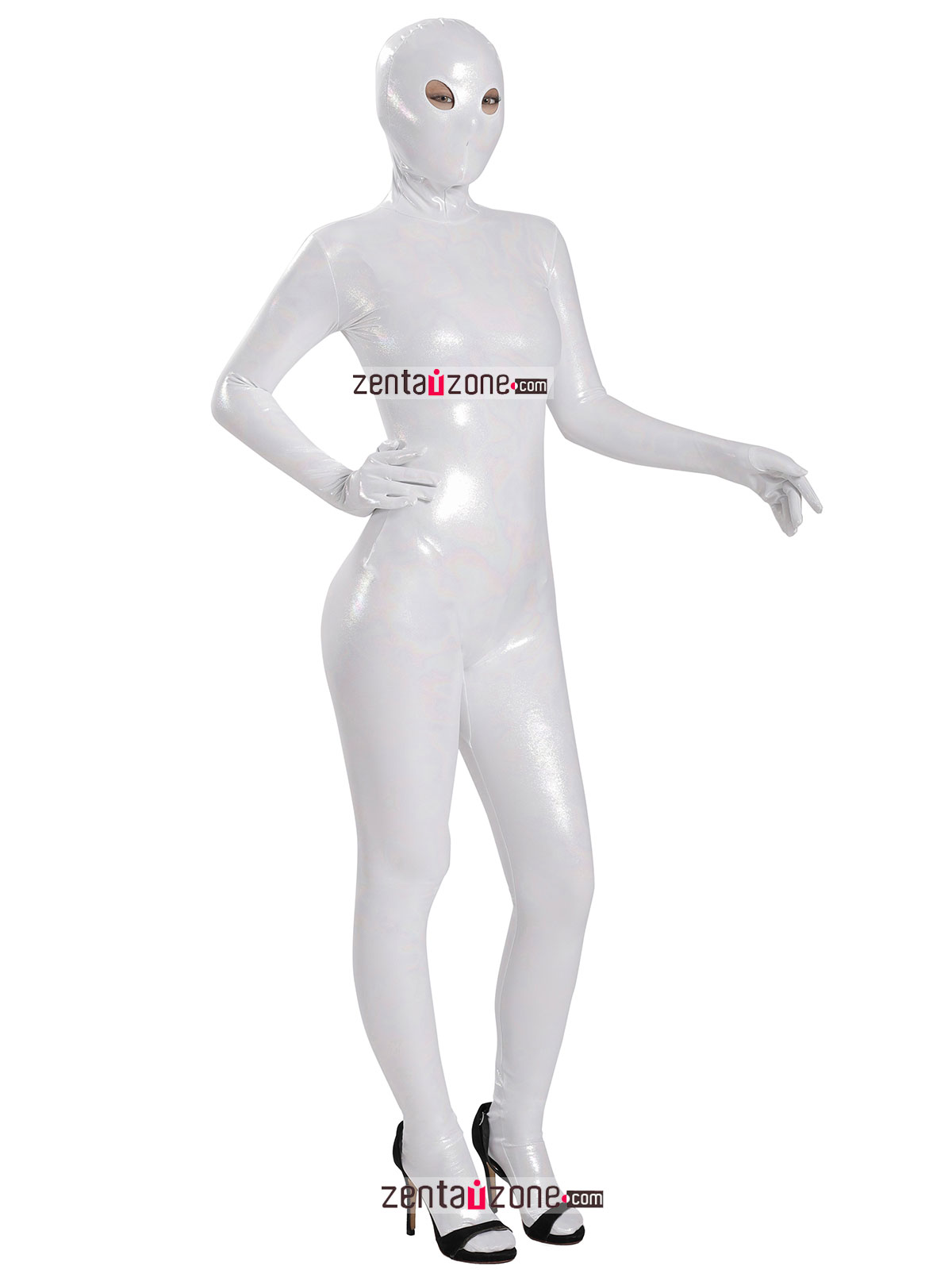 Nylon White Shiny Metallic Lycra Zentai Suit With Eyes Open